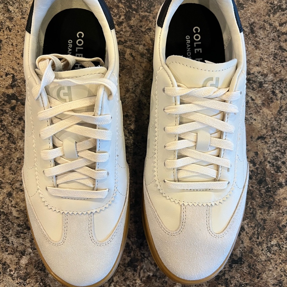 Cole Haan Women’s Breakaway White Sneakers with Gum Sole and Black Heel Tab